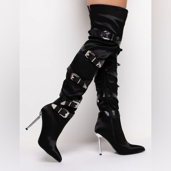 Azalea Wang Shoes - Black Vegan Leather Tall Slouchy Knee High Stiletto Heel Boots